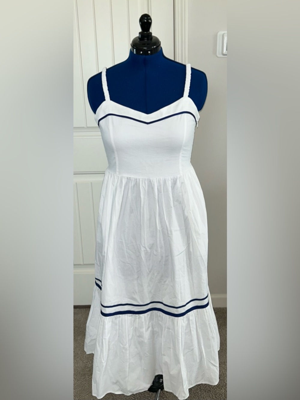 J. Crew White Sleeveless A-Line Dress with Navy Trim